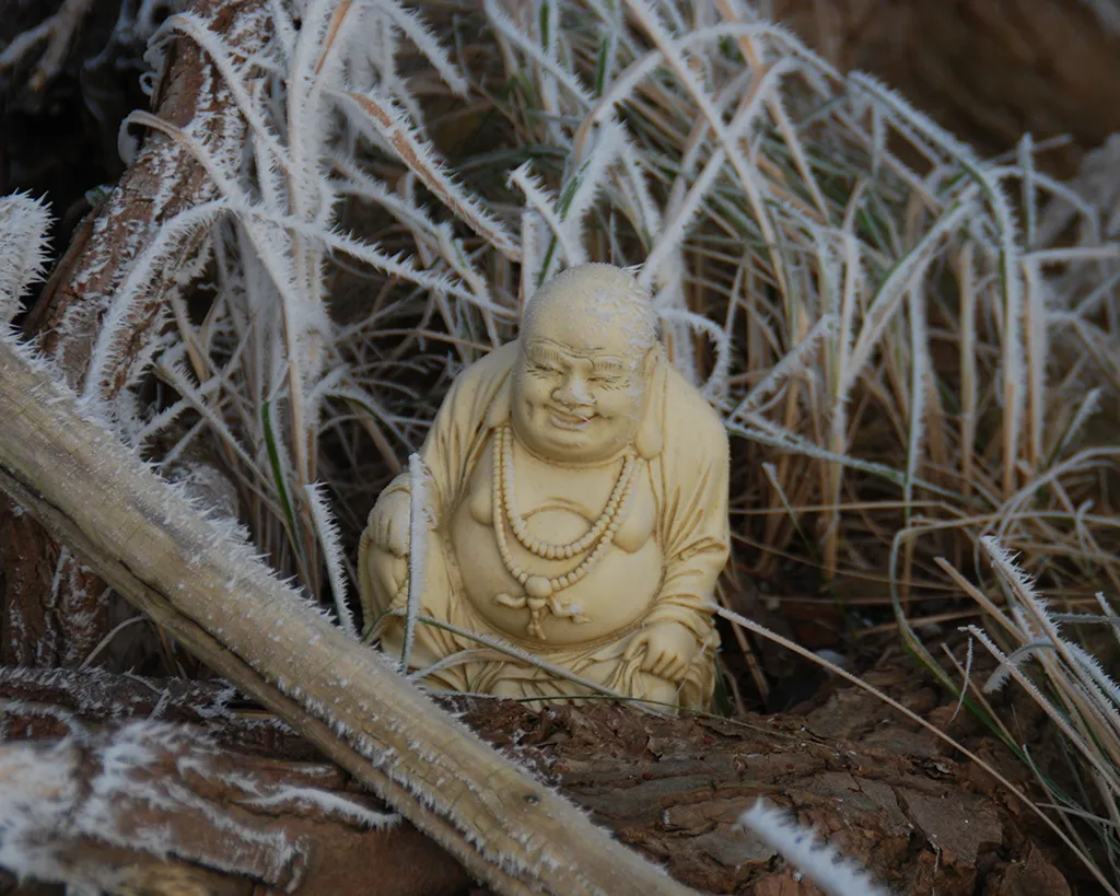Buddha-Statue in Winterlandschaft